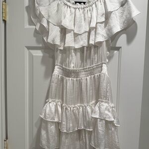 Misa White Silk Ruffled Off-Shoulder Dress